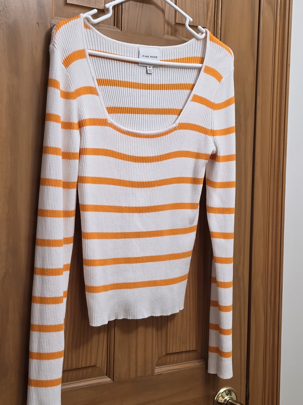 Pink Rose Cream and Orange Striped Ribbed Scoop-Neck Top